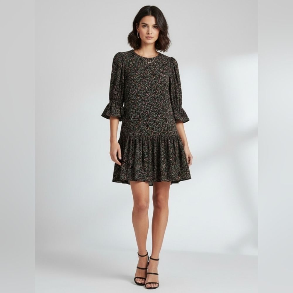 Black Halo Eve Black Floral Ditsy Print Drop Waist Puff Sleeve Dress Size 4